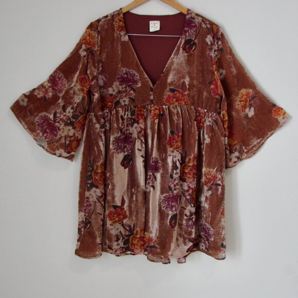 Velvet Floral Mini Dress Floral Boho Babydoll V-neck Burn Out Flowy Size Small - Picture 1 of 14